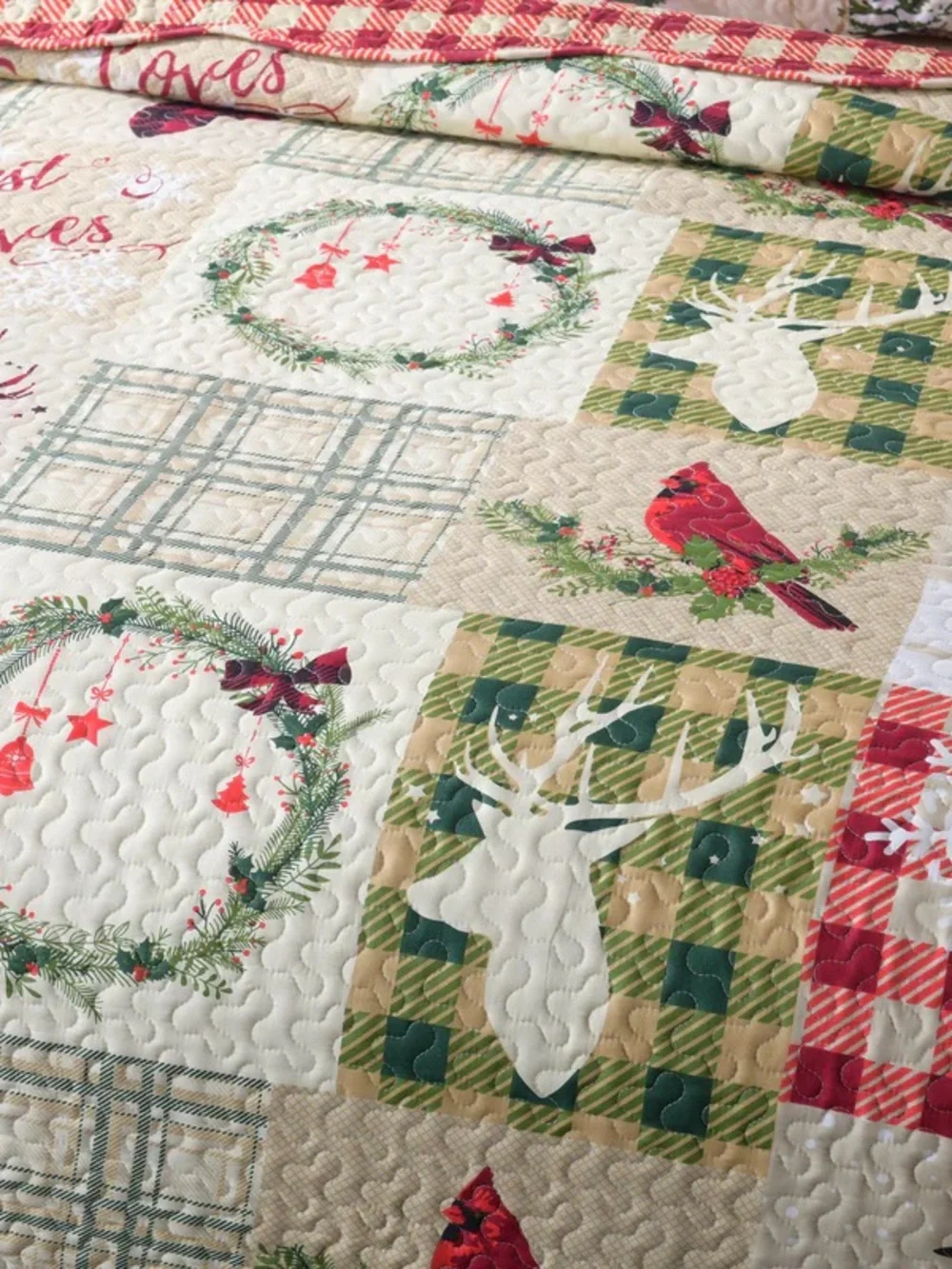 Red Christmas Plaid 3 piece queen Quilted Bedding Set